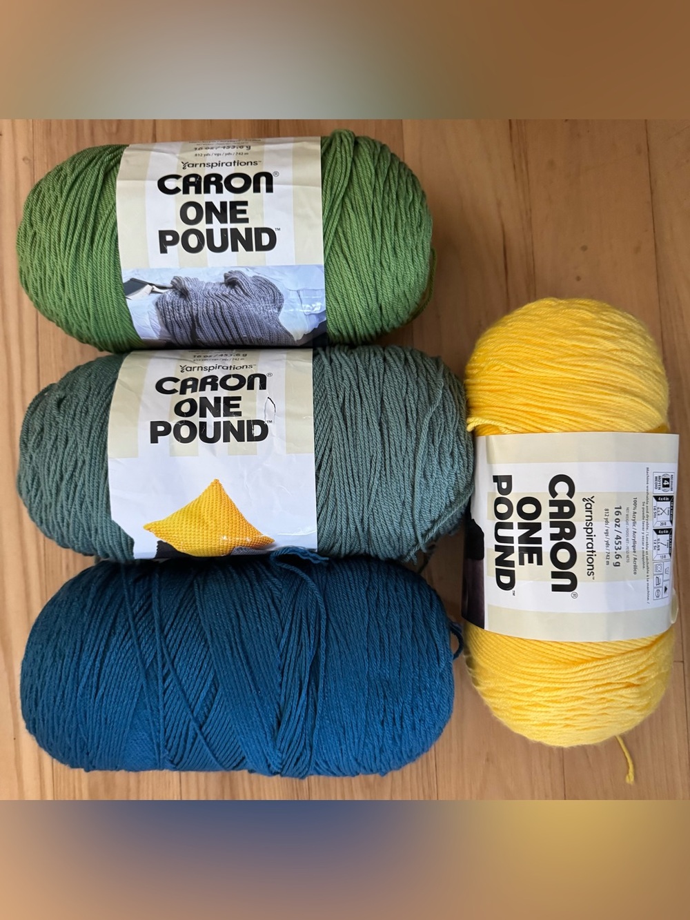 Caron One Pound Yarn Lot 4 Large Skeins Green Blue Yellow Acrylic